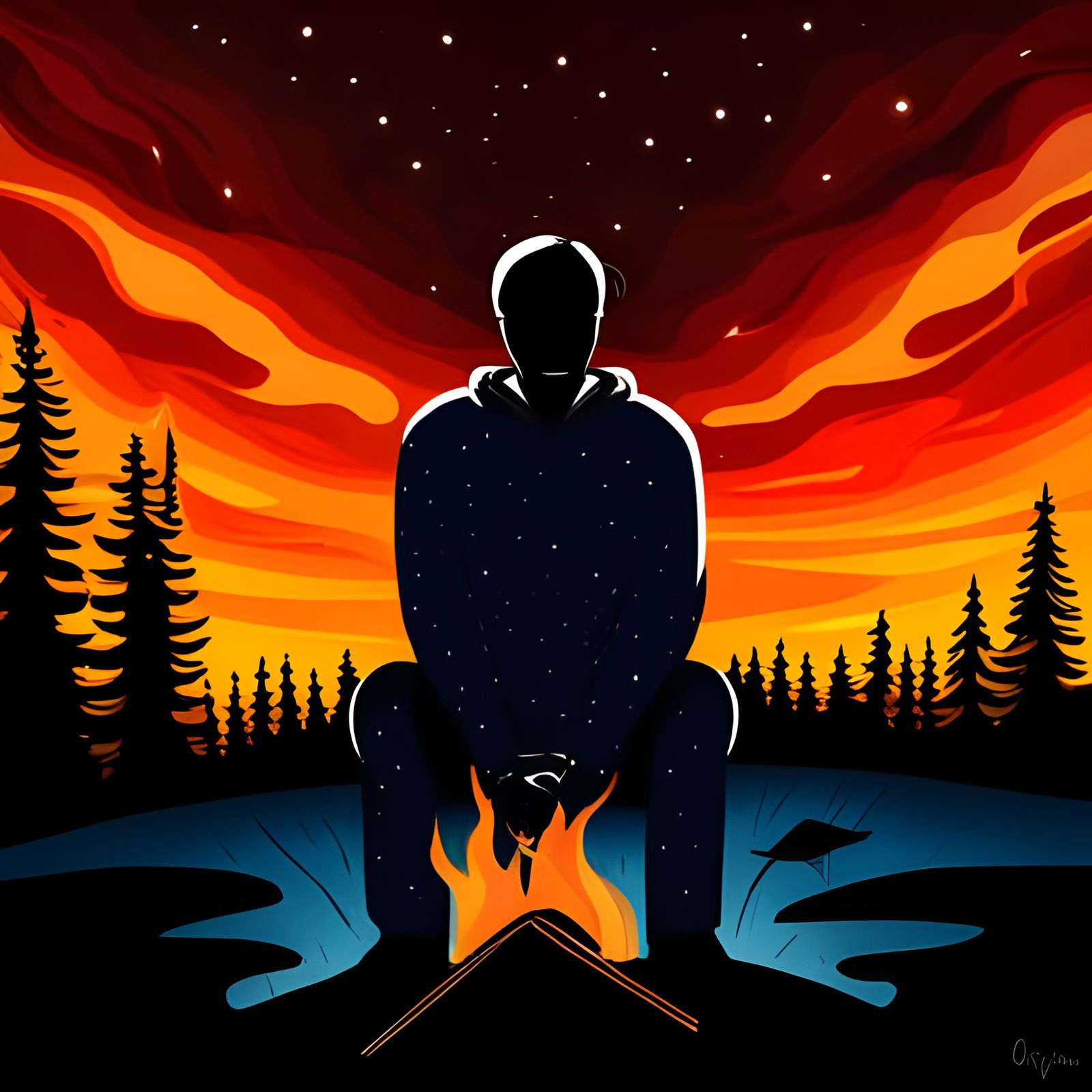 Campfire Under Twinkling Stars, Fantasy Art