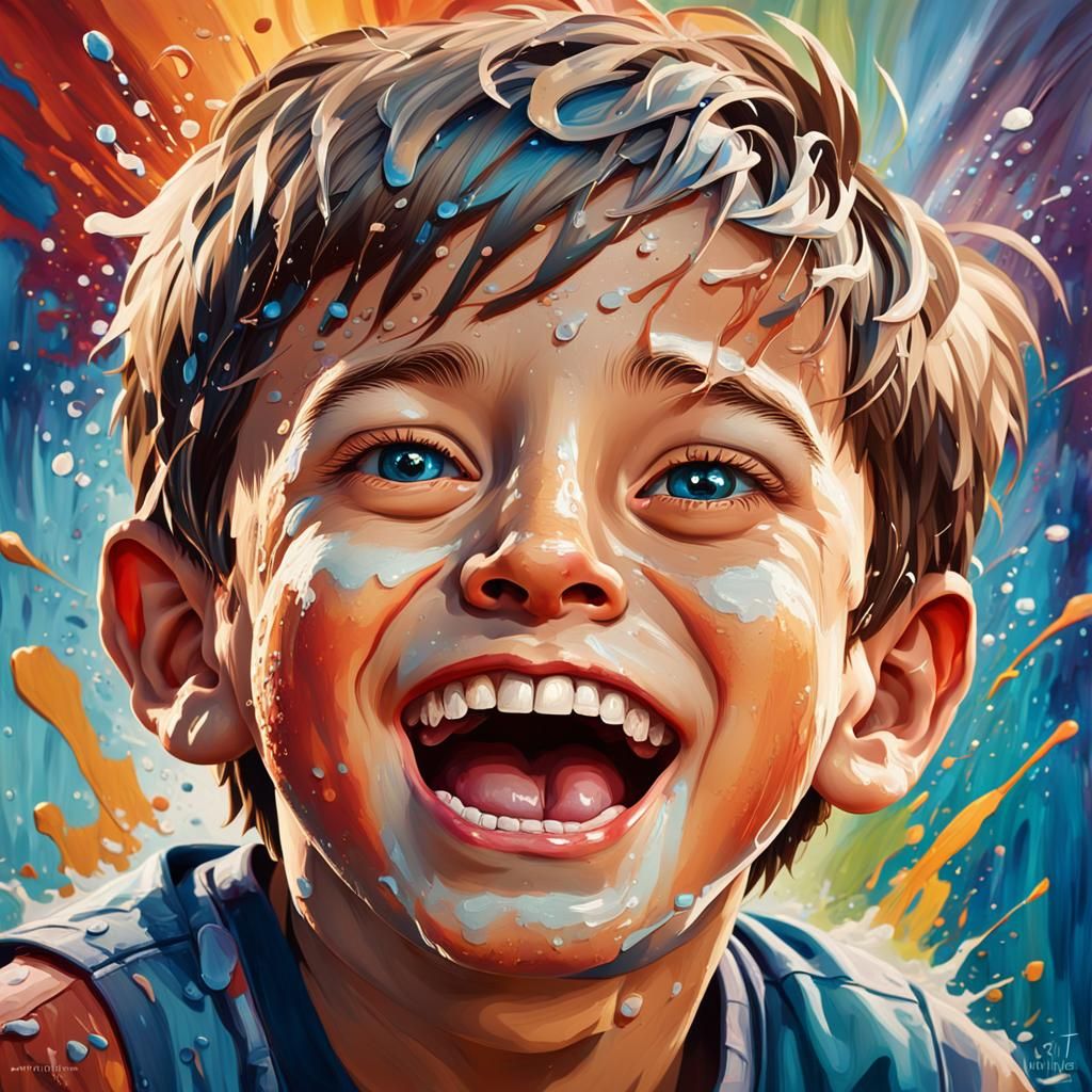 Joyful Boy in Hyperrealistic Splash Art
