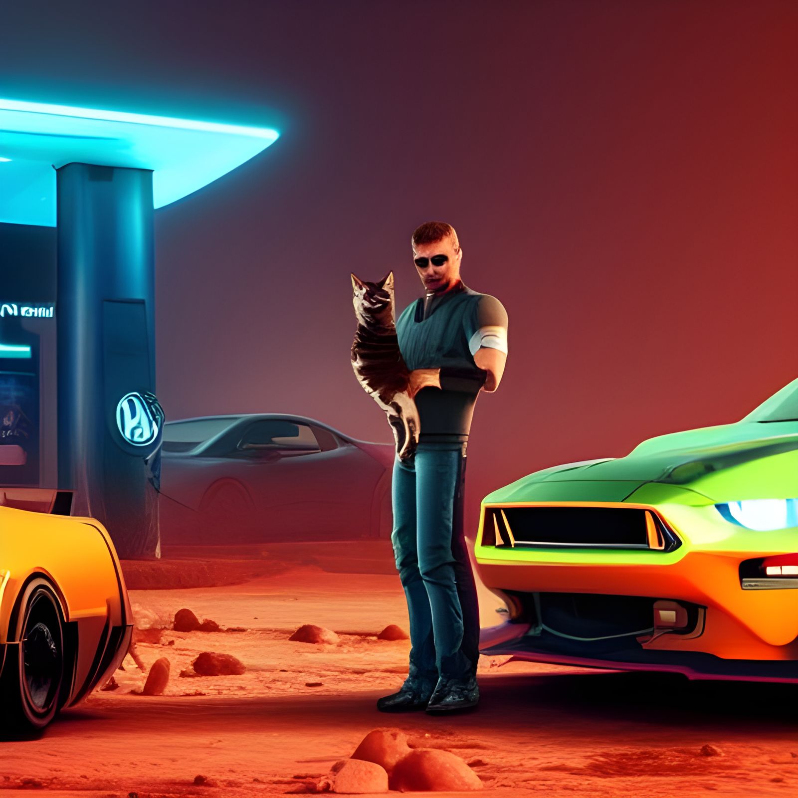 Martian Gas Station: Cyberpunk Mustang and Cat