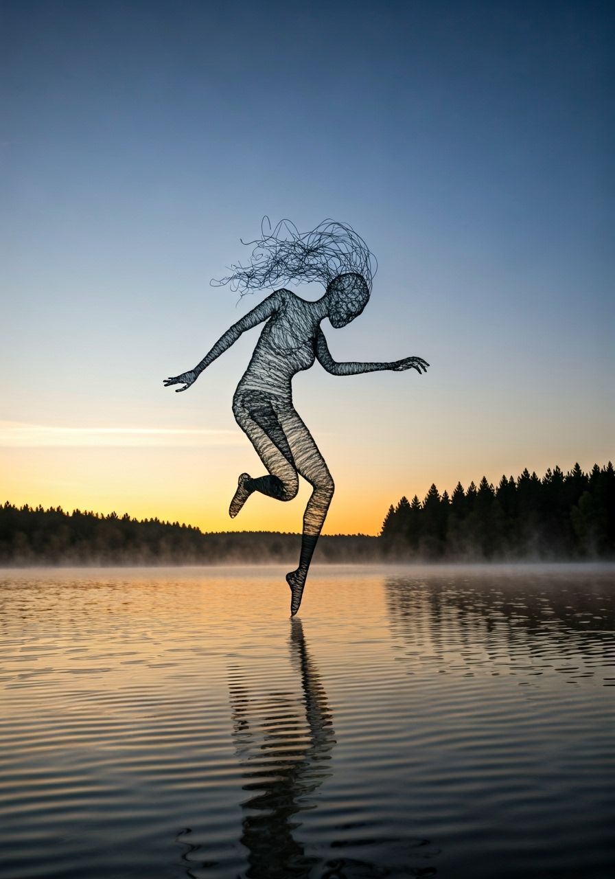 Wire Mist Creature Dances Above Lake at Sunrise
