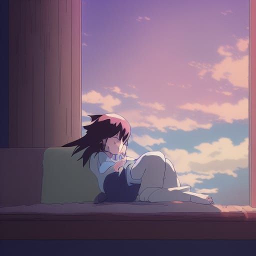 Cat Sleeping: Studio Ghibli Anime Style