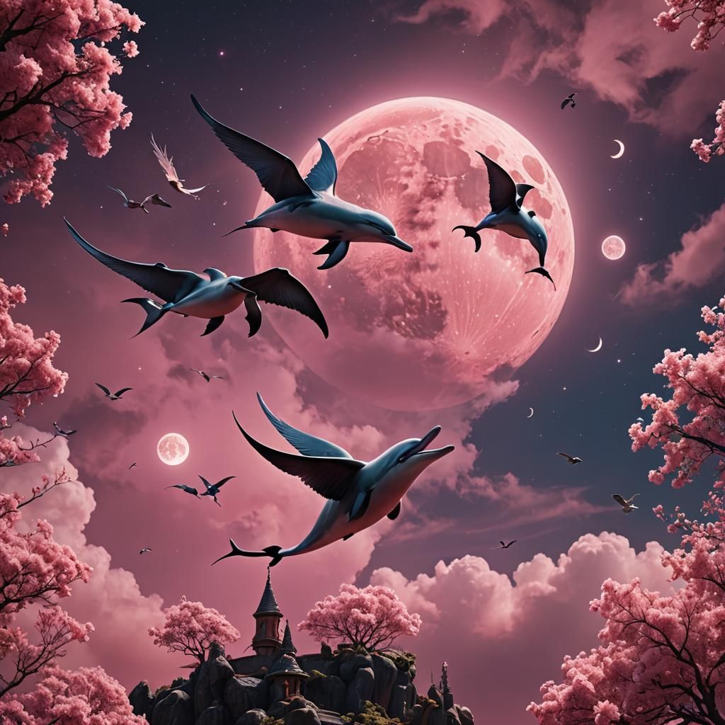 Three Dolphin-Headed Birds Fly Over Pink Moon