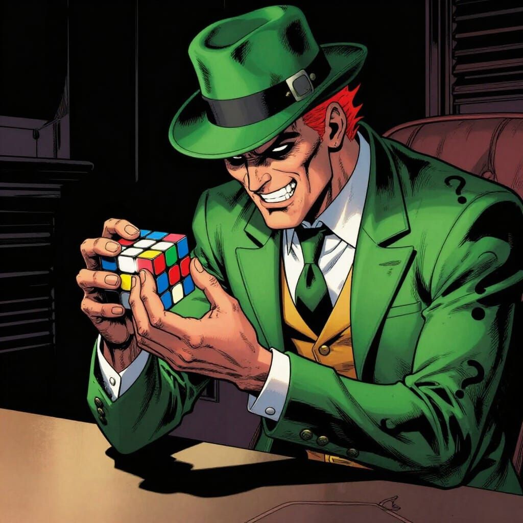 The Riddler Solves Rubik's Cube in Comic Art Style