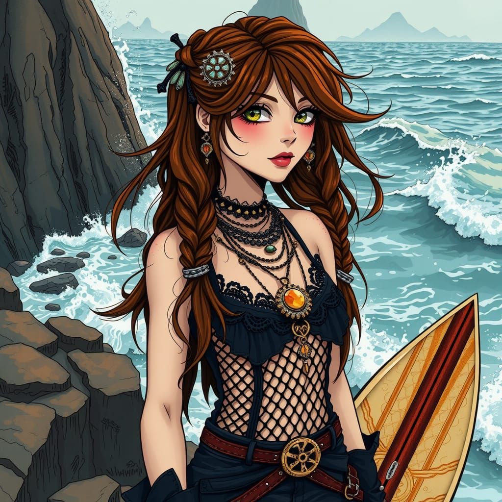 Bohemian Surfer Goddess Embracing Coastal Mystique