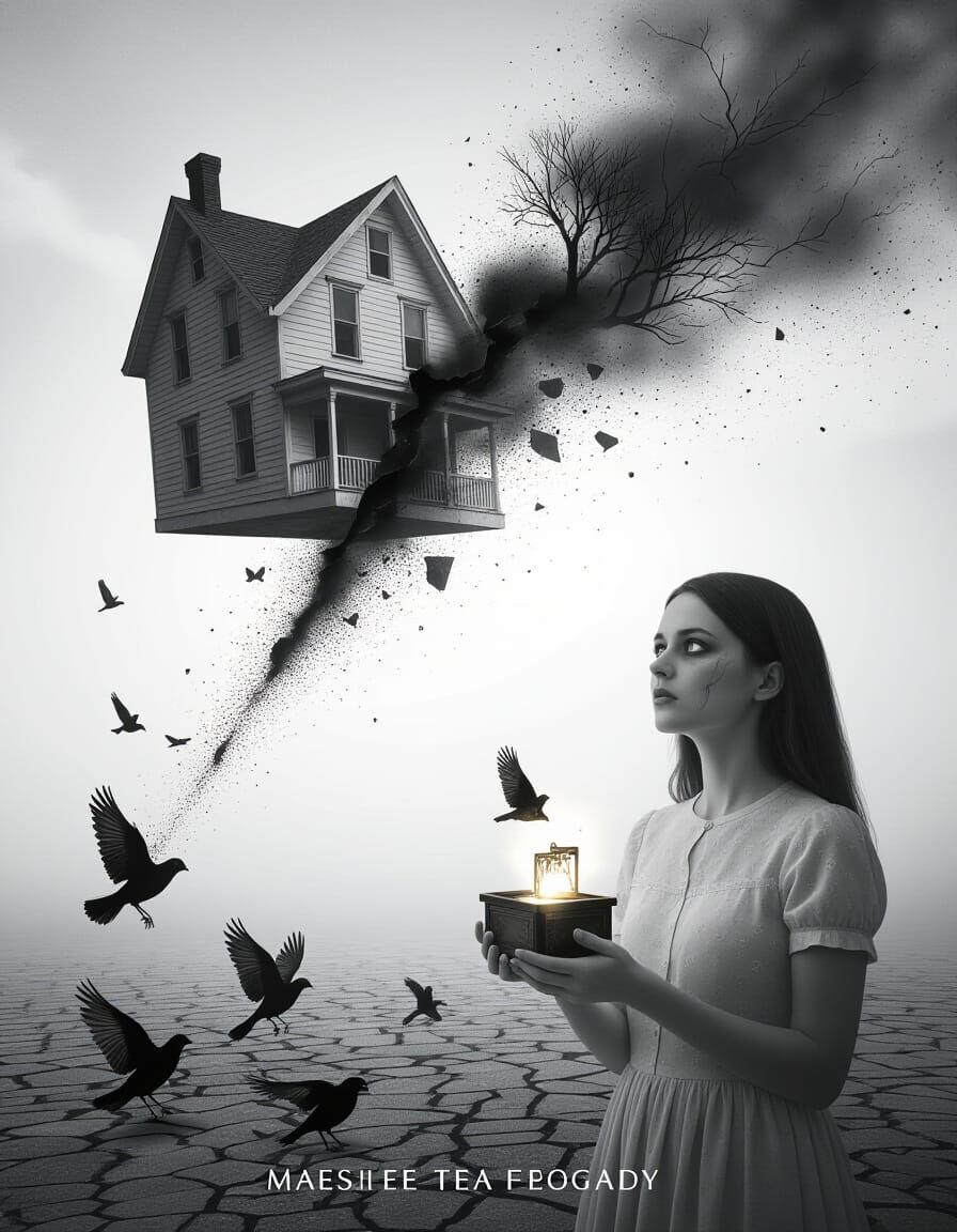 Surreal Horror: Dream Collapse with Floating House and Shado...