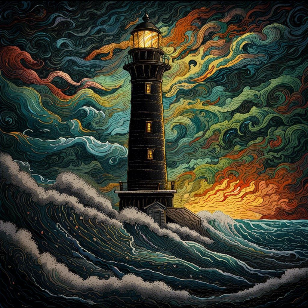 Lighthouse in Stormy Seas as Colorful Painting