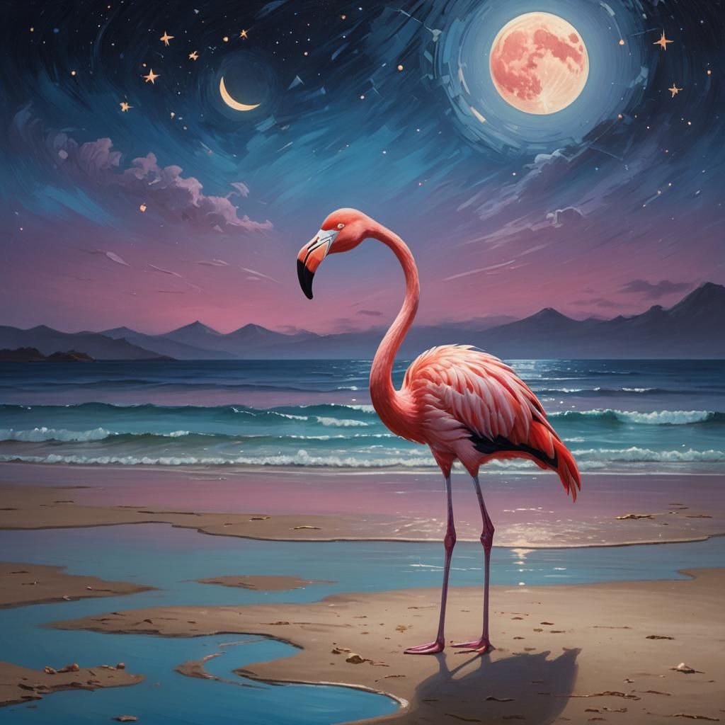Pink Flamingo at Night Under Starry Sky