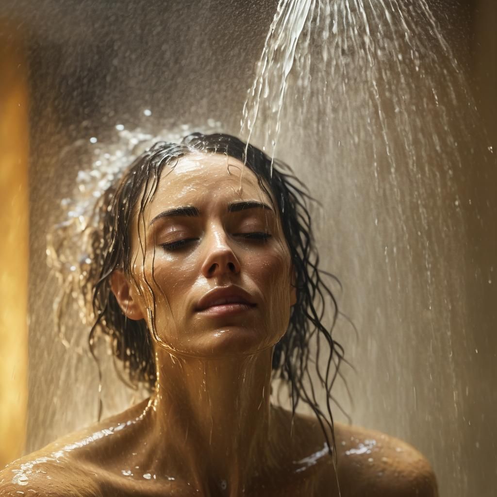Impressionistic Woman in Shower with Cascading Water