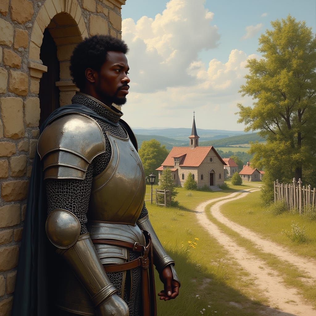 African Knight Outside Rustic Church in Golden Noon Light