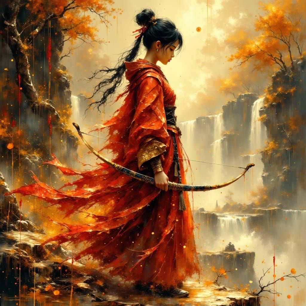 Warrior Woman with Bow on Cliff Edge