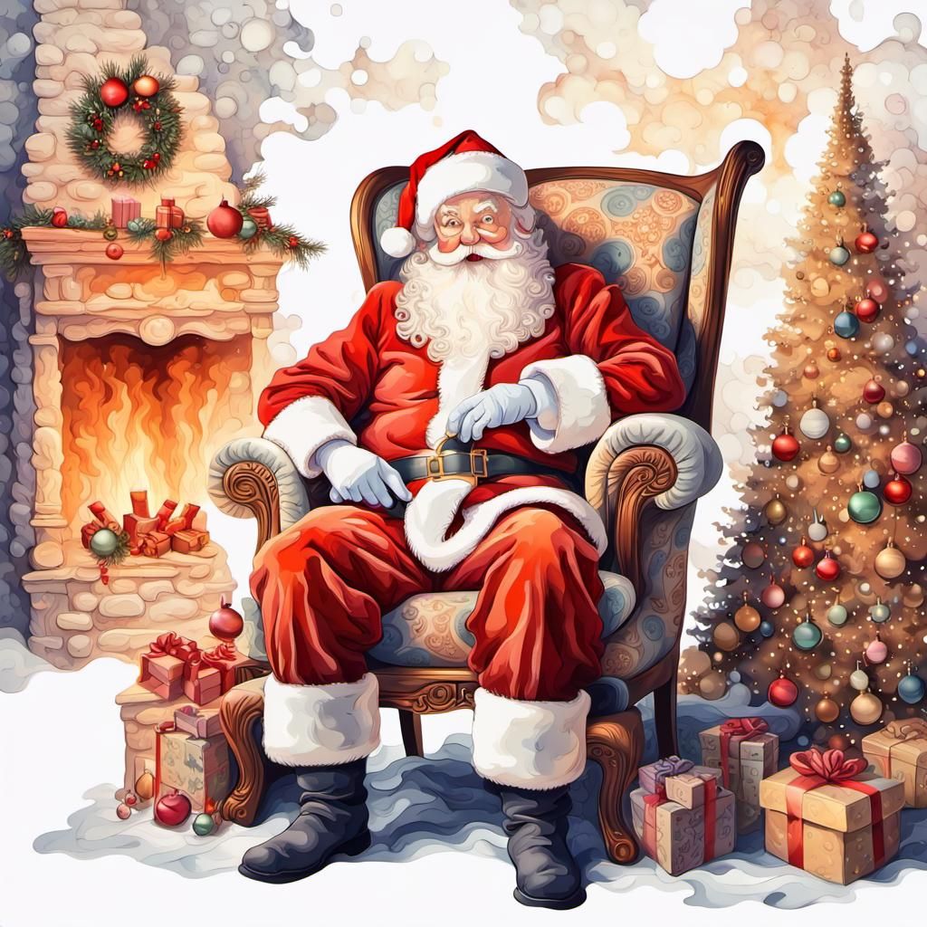 Santa Claus in Watercolor by Chimney with Gifts