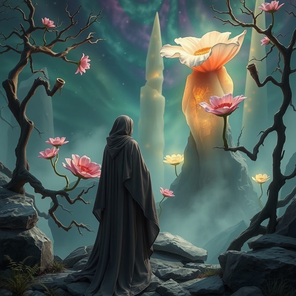 Mystical Traveller at Threshold of Enchanted Landscape