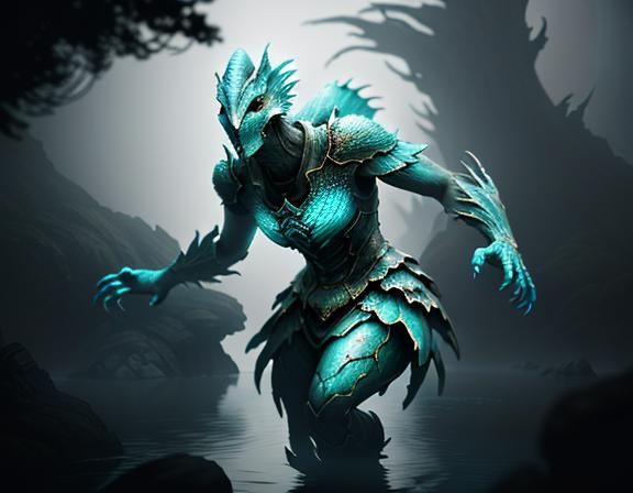 Female Amphibioid in Mystical Fog: 3D Game Graphics