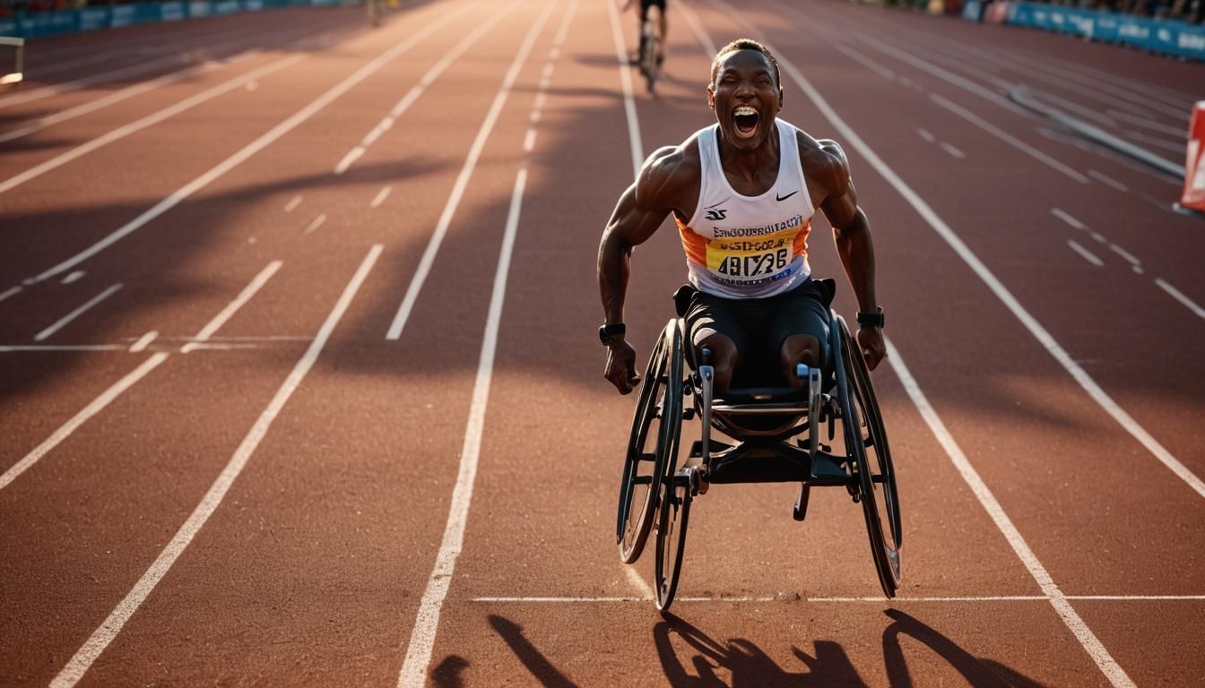 A triumphant Para athlete crossing the finish line in a wheelchair race, with a beaming face full of joy and determinati...