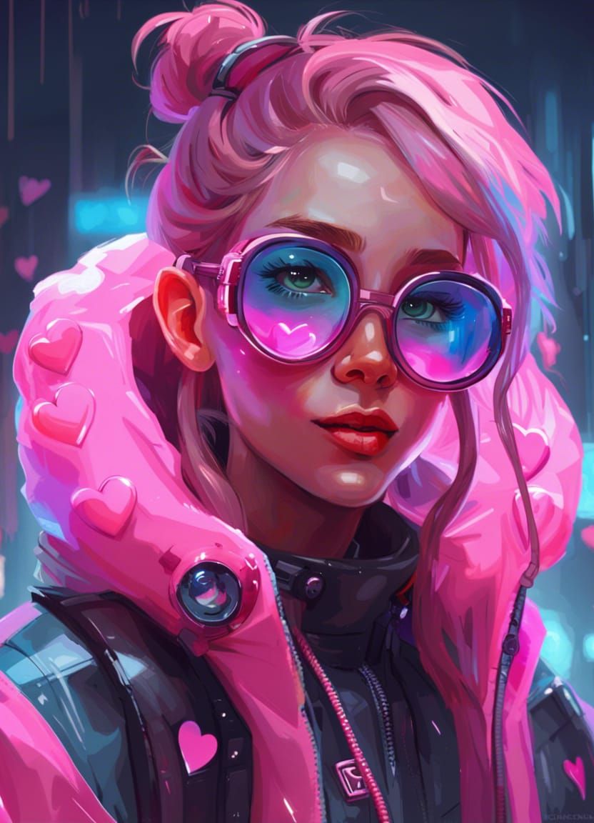 Cyberpunk Girl with Neon Glasses, Digital Portrait