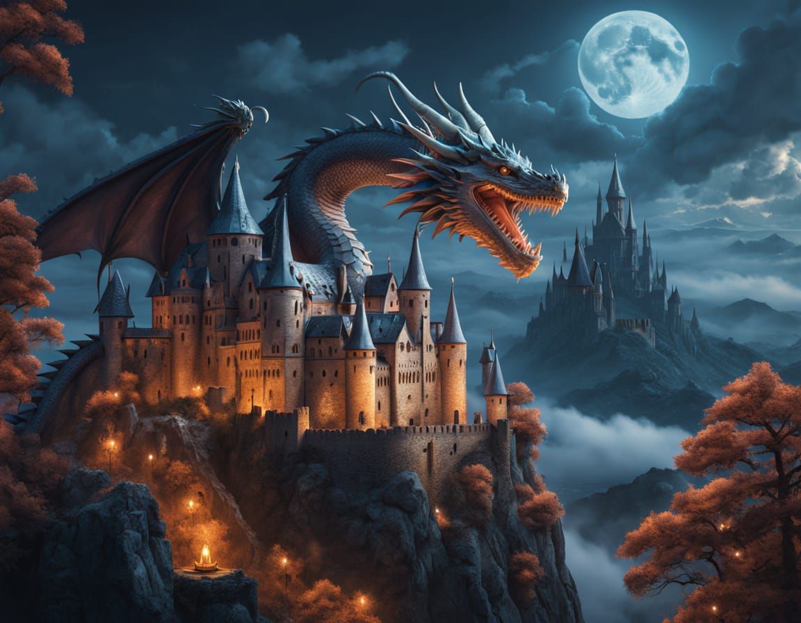 Majestic Dragon Surveys Medieval Castle in Moonlit Mystique