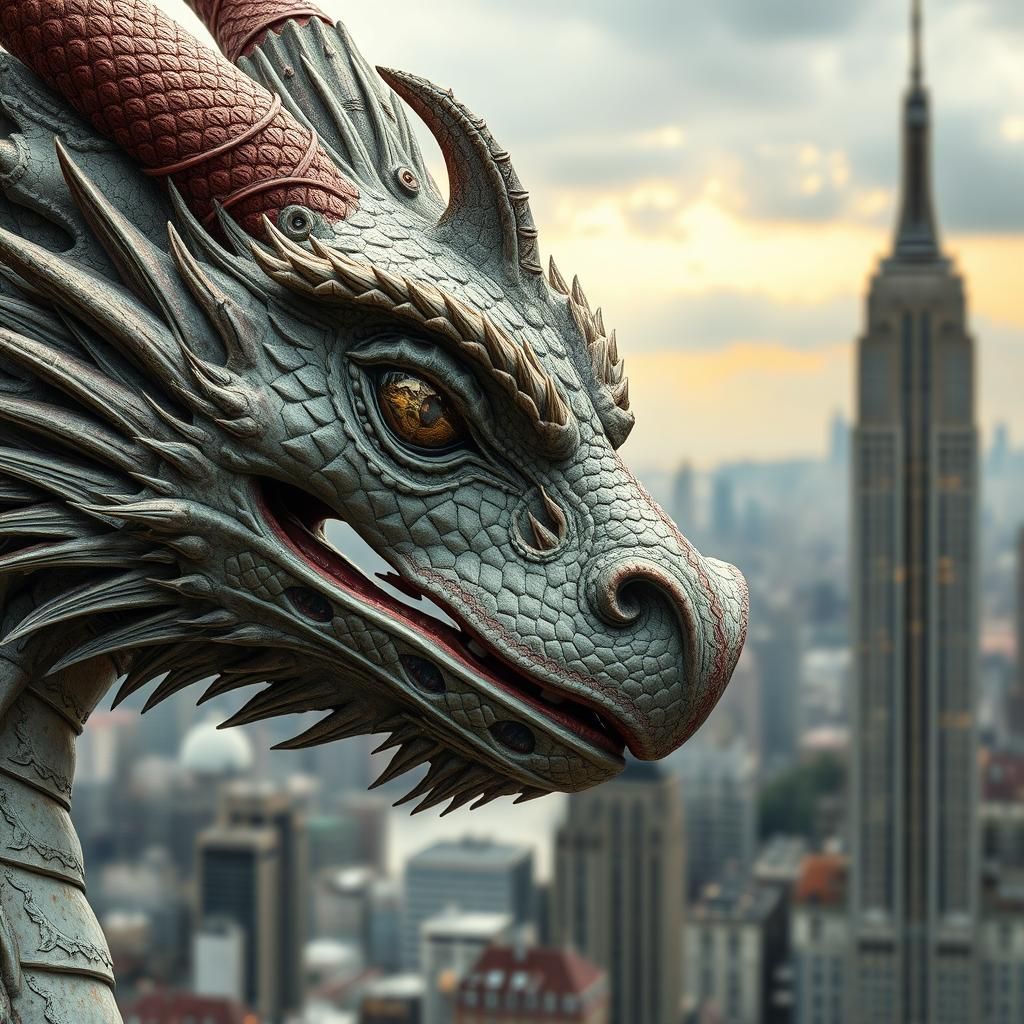 Dragon Head with Cityscape in Surrealist Style