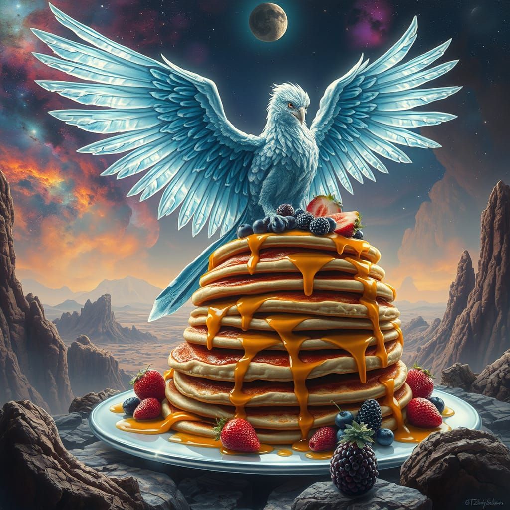 Crystal Griffin Perched on Pancake Stack in Oasis