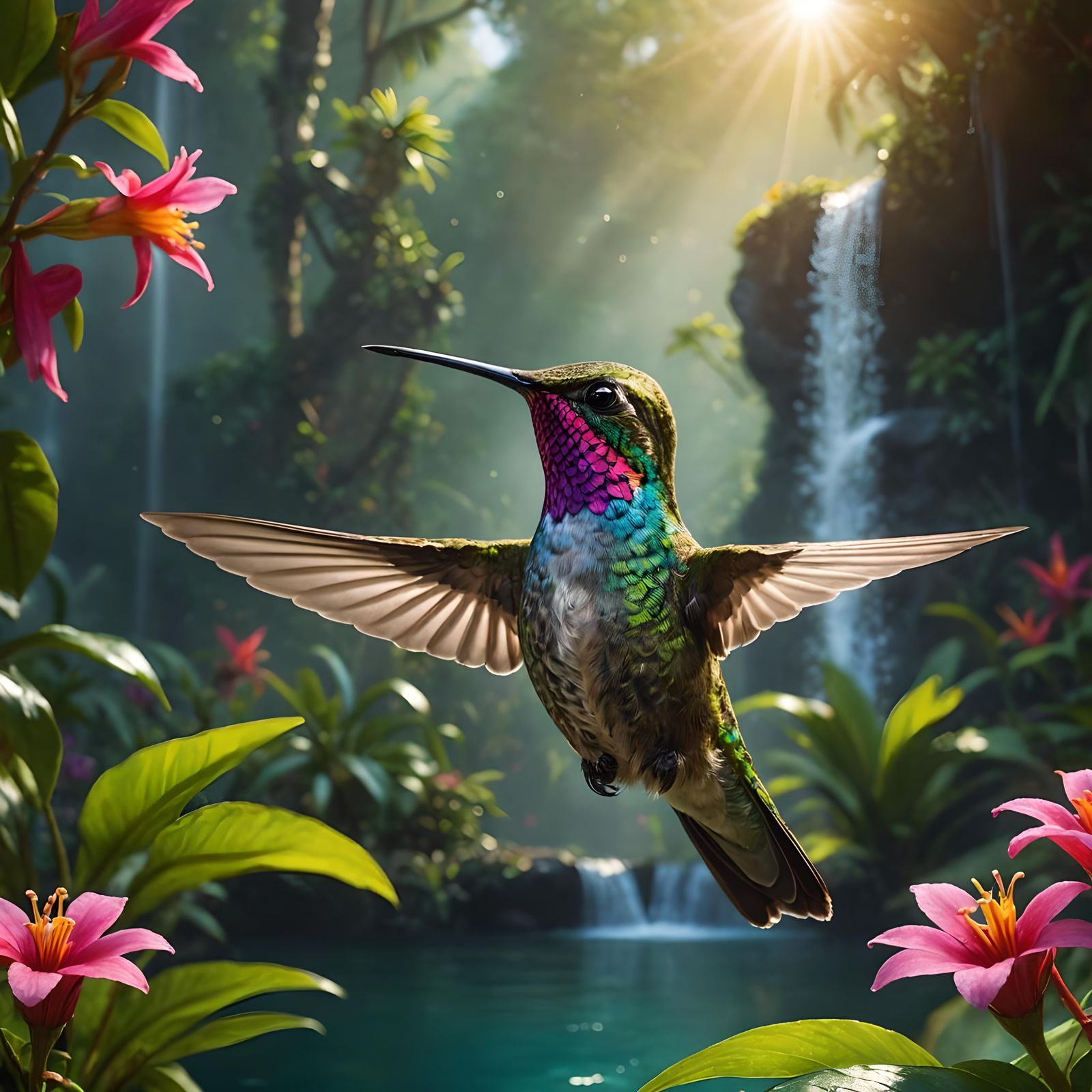 Hummingbird in Tropical Paradise at Sunrise