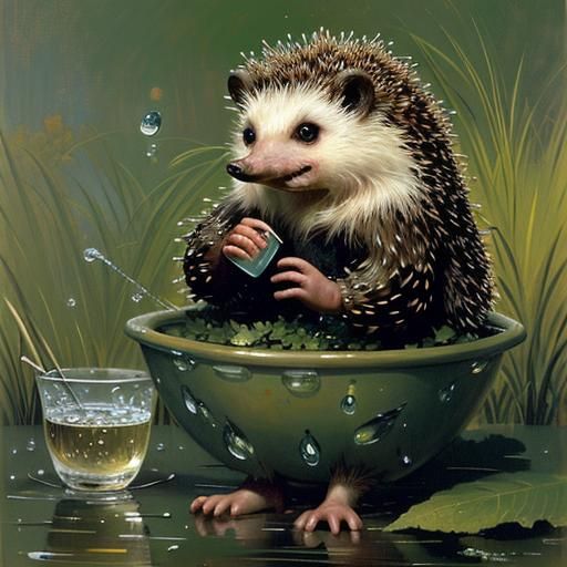 Hedgehog in Underpants Sipping Dewdrops: Classical Painting