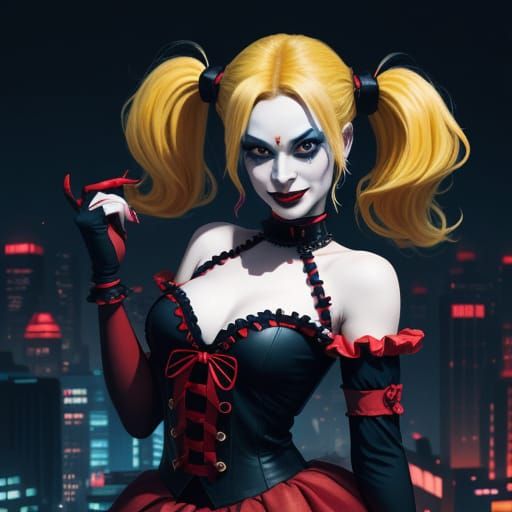 Whimsical Harley Quinn Strikes a Playful Pose in Neon-Lit Go...