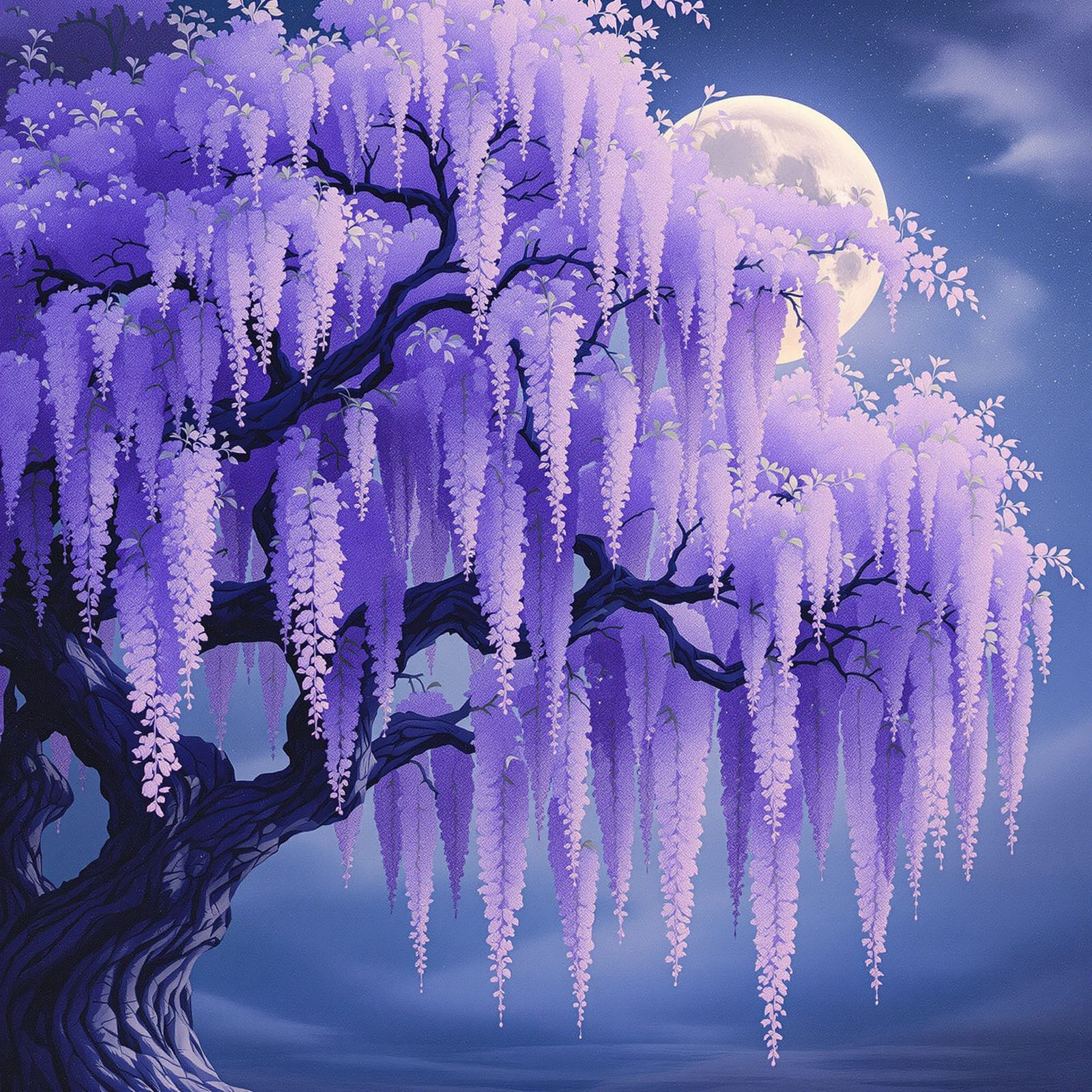 Wisteria in Moonlight, Dreamy Digital Illustration