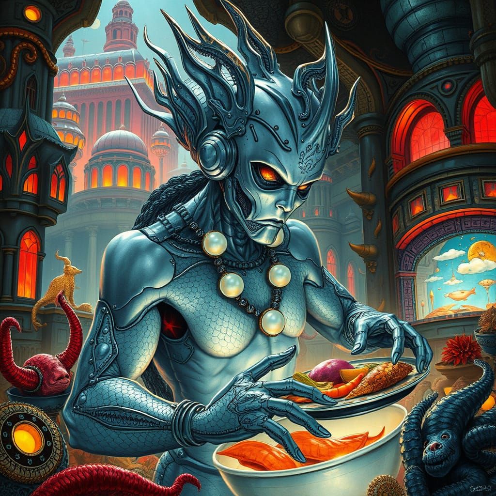 Cyborg Merman Explores Futuristic Underwater City with Glowi...