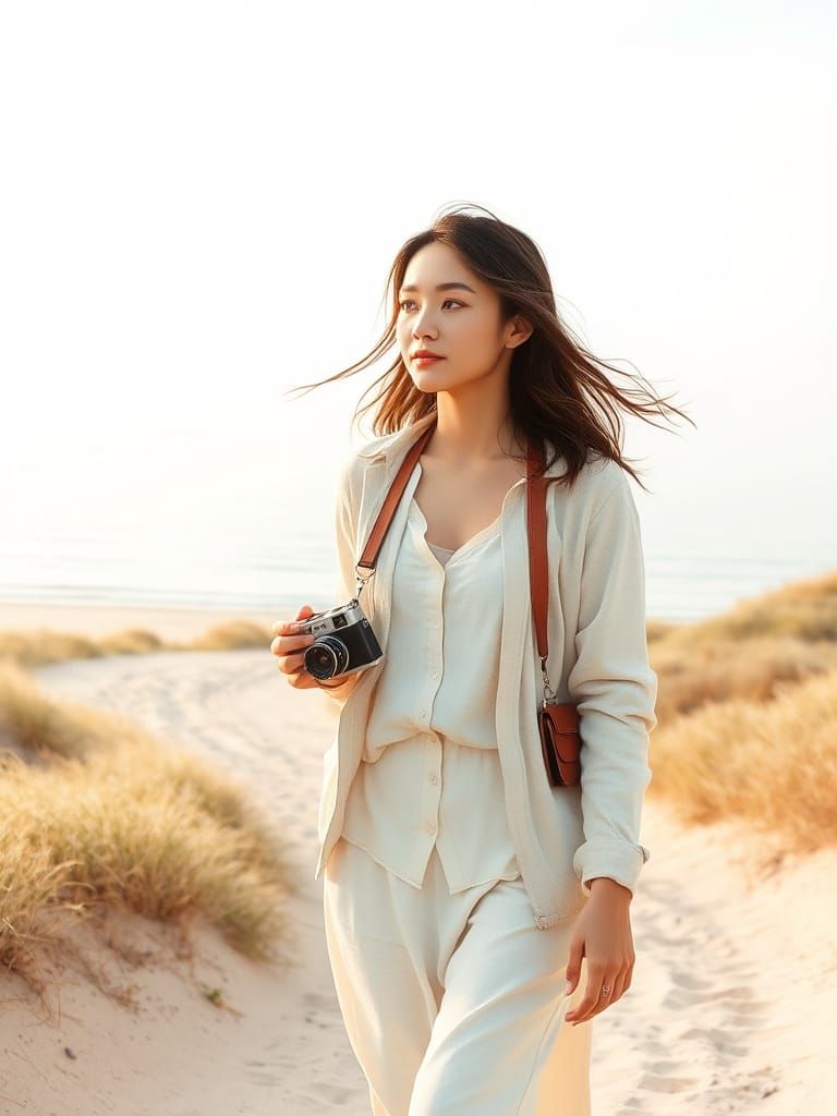 Serene Adult Woman Strolls Along Sandy Beach in Soft Pastel ...