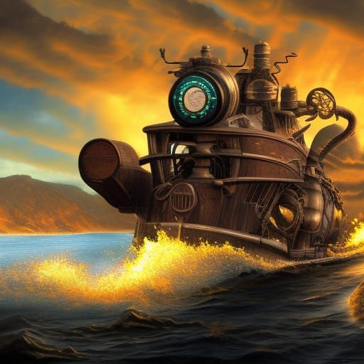 Robot Car vs Steampunk Boat: Action Scene