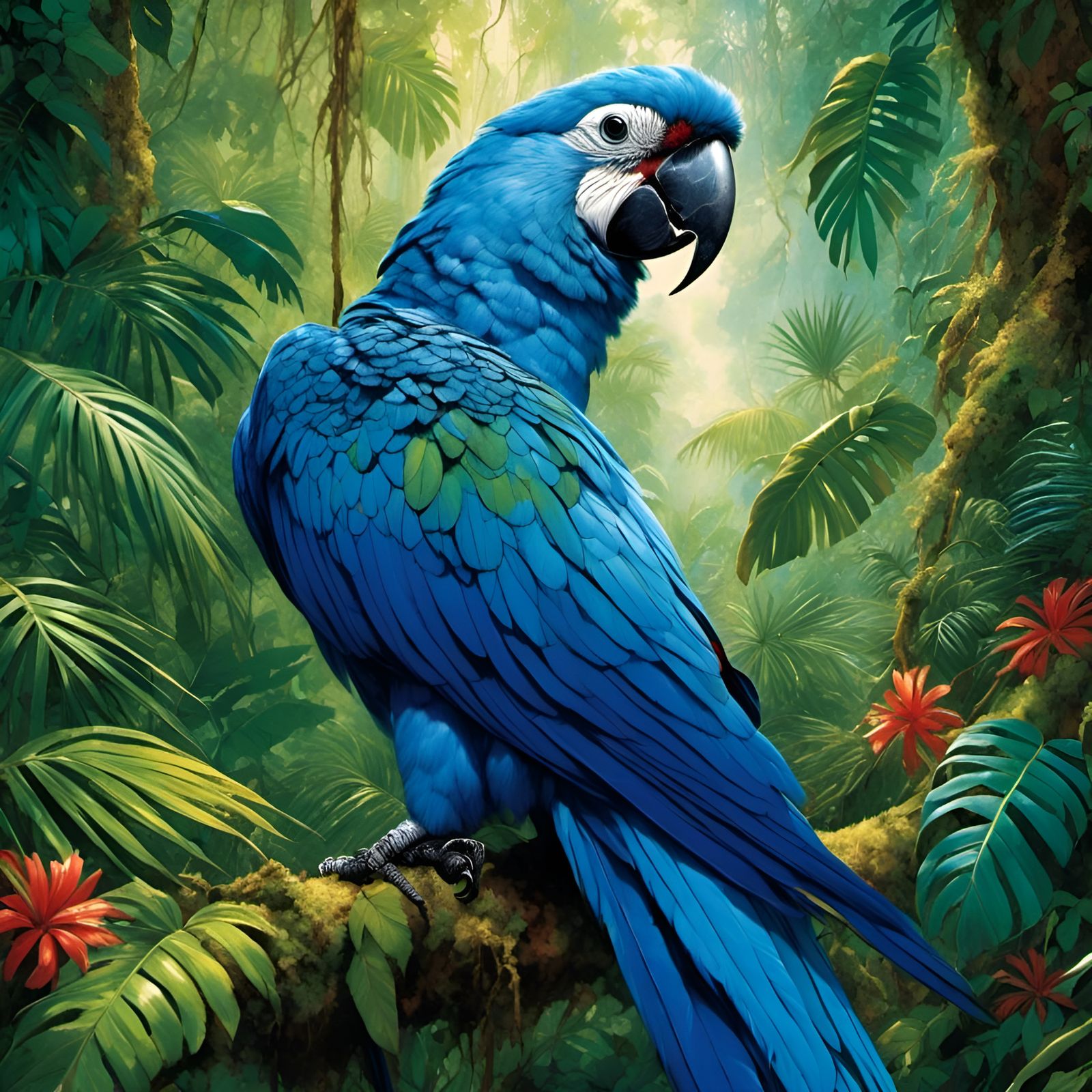 Illustration of a Spix's Macaw in the Rainforest