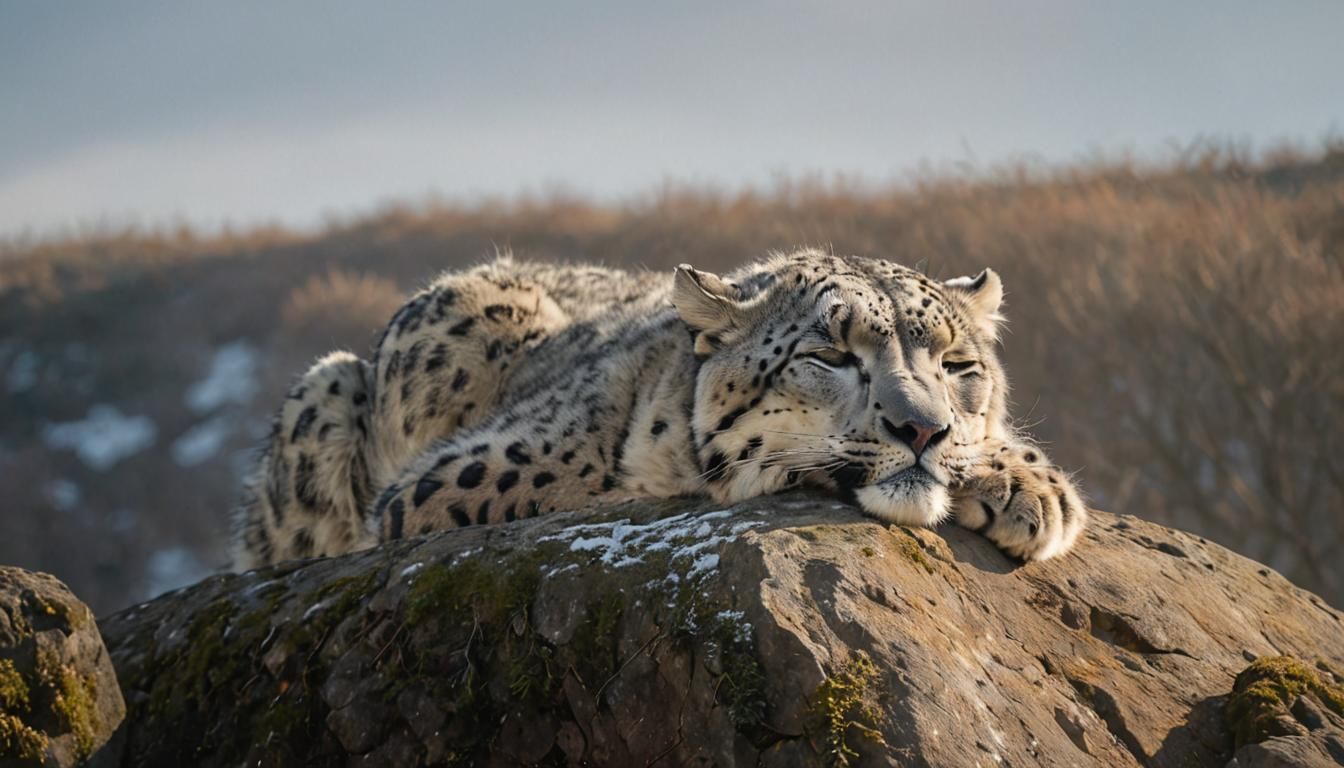 Sleeping Snow Leopard in Gentle Sunlight