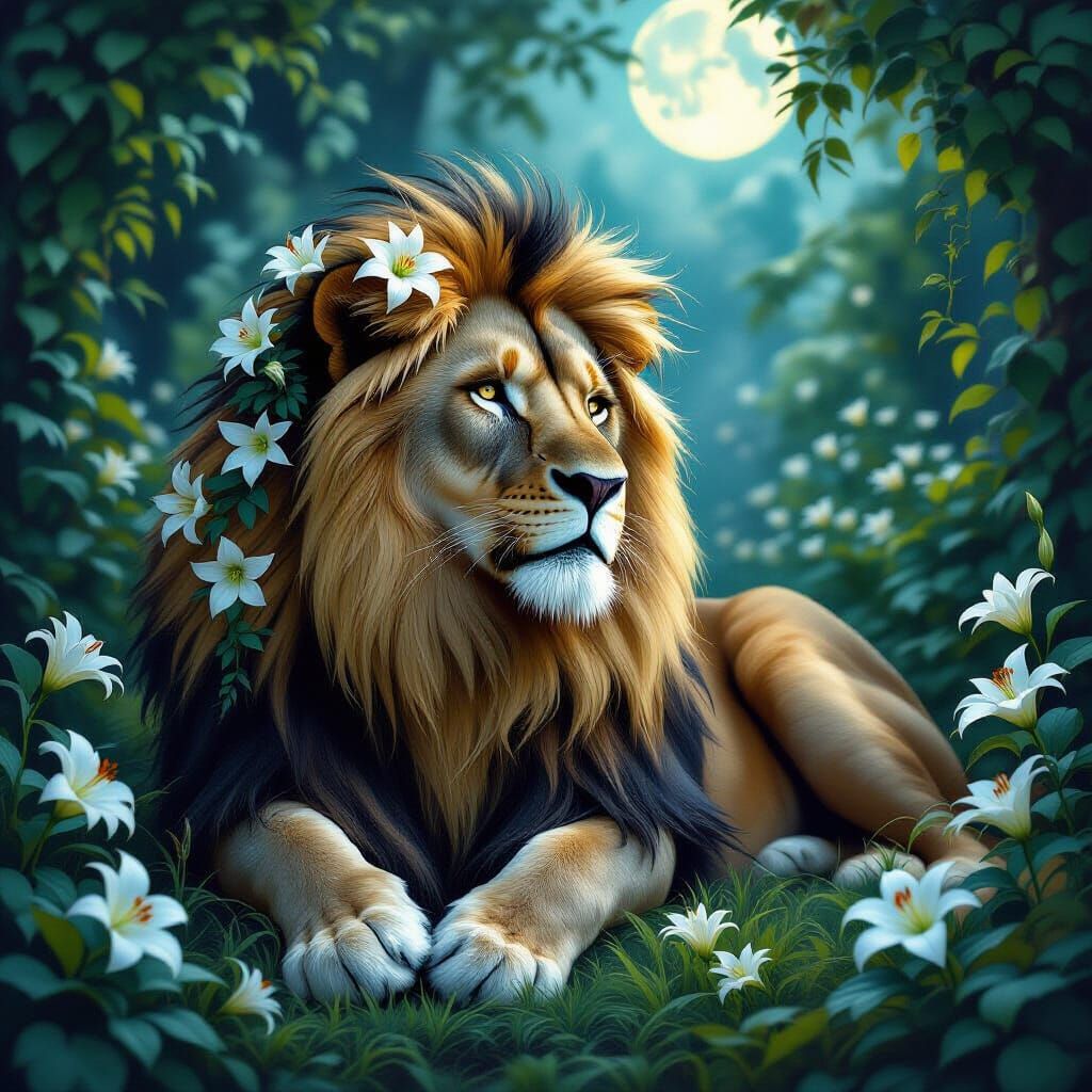 Majestic Lion in Moonlit Enchanted Garden