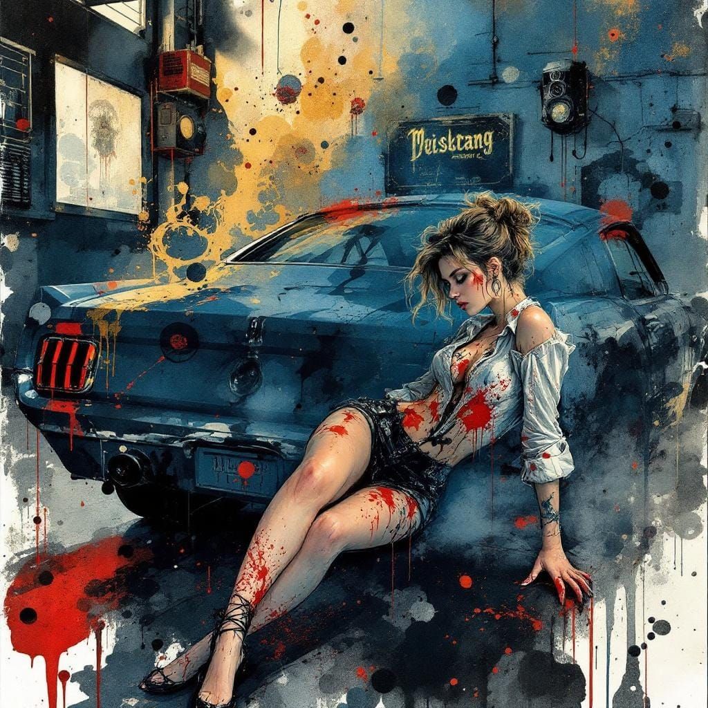 Pin Up Woman in 1963 Garage, Watercolor Style