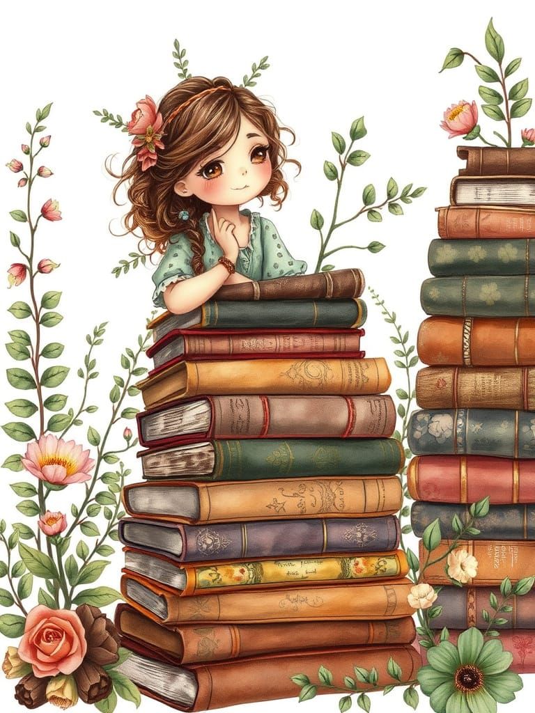 Whimsical Bohemian Woman Amidst Vintage Leather-Bound Books