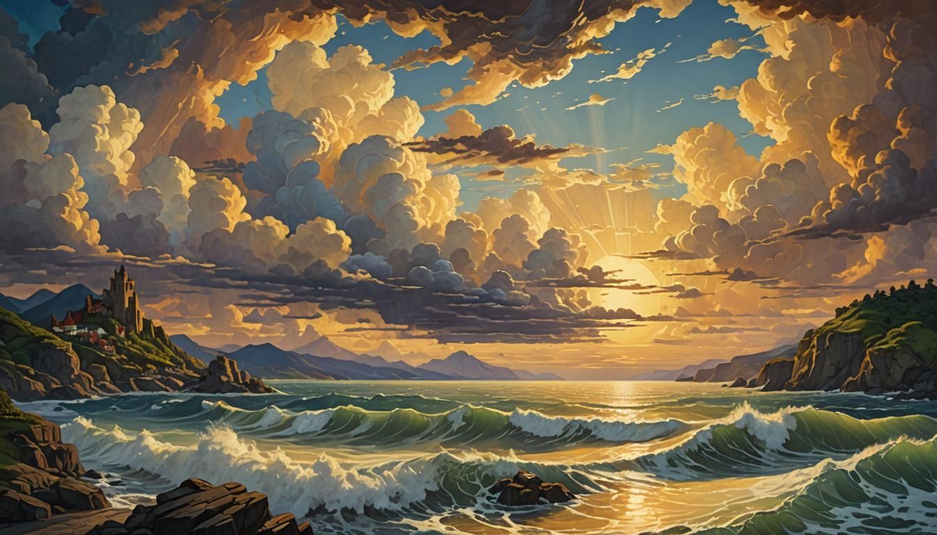 Ethereal Gothic Seascape in Gouache Style