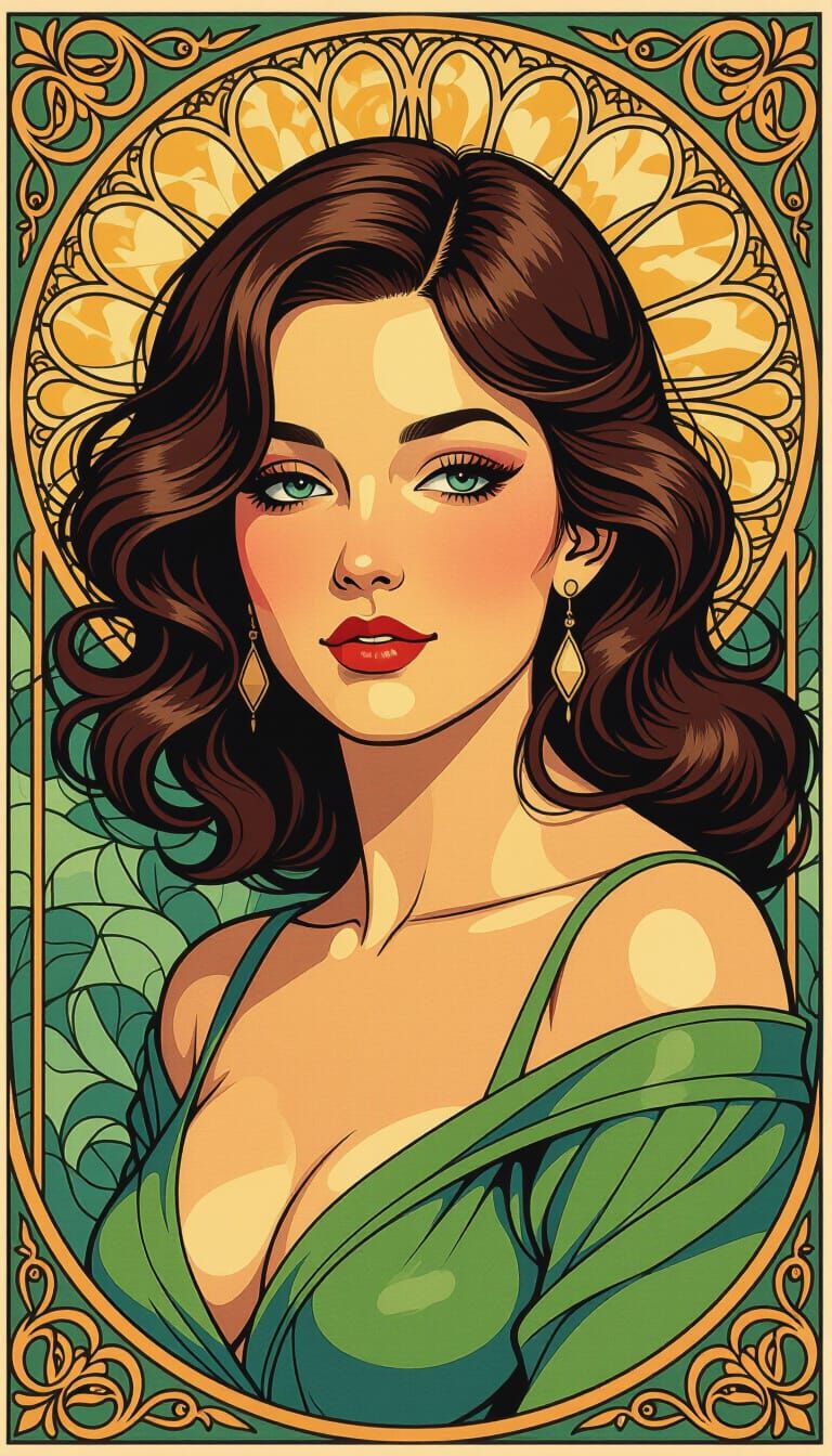 Art Nouveau Woman Portrait with Brunette Hair