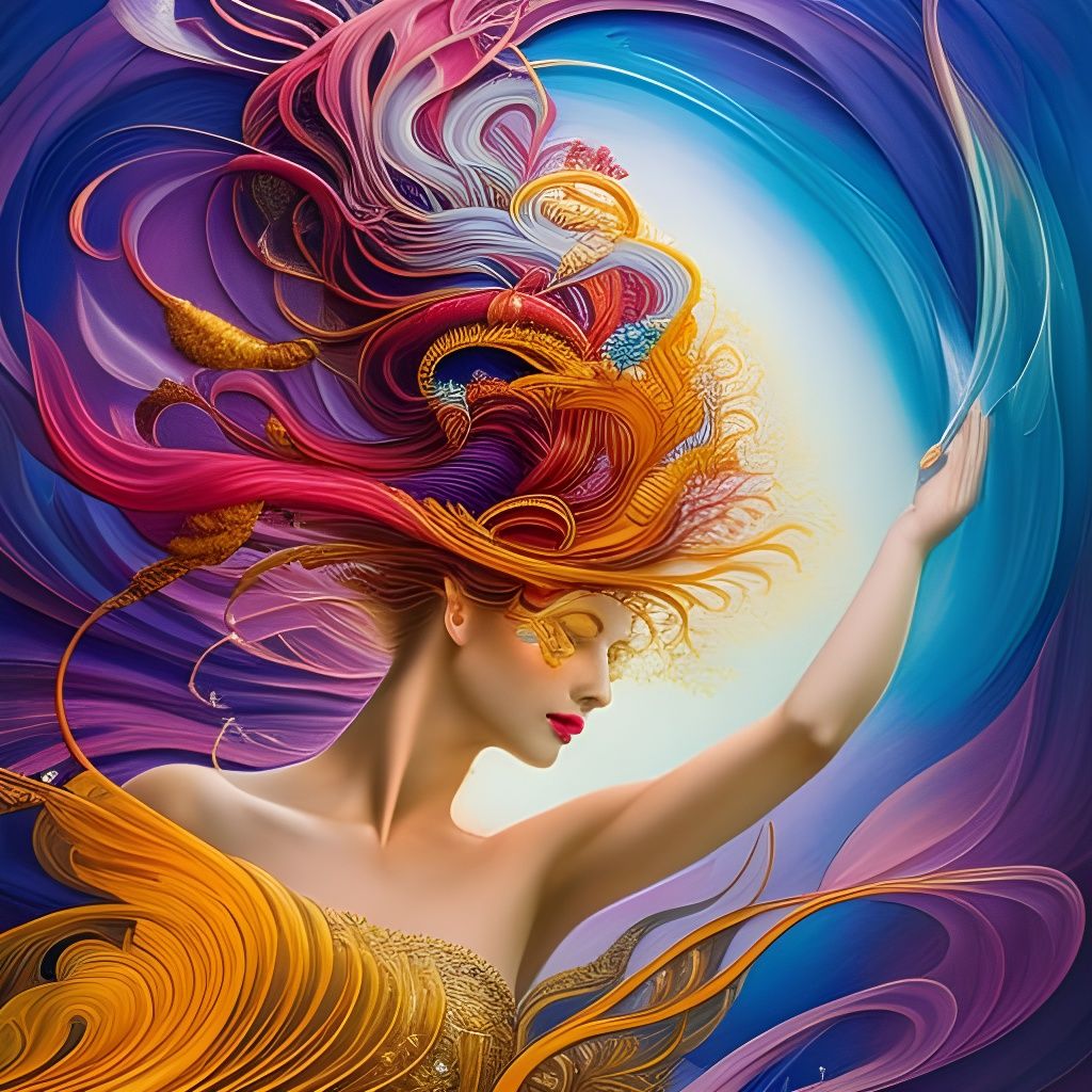 Elegant Woman Dancing with Solar Winds in Acrylic Style