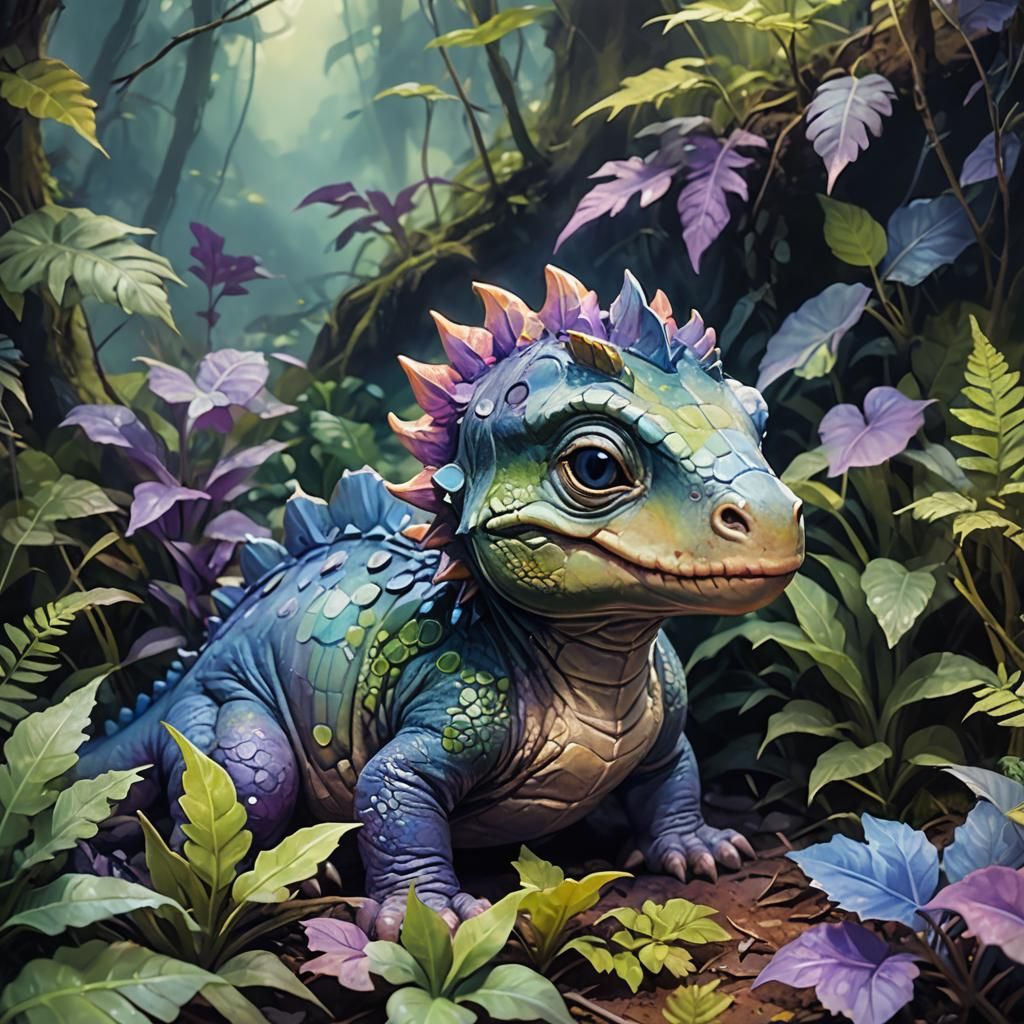 Cute Baby Dinosaur in Prehistoric Forest