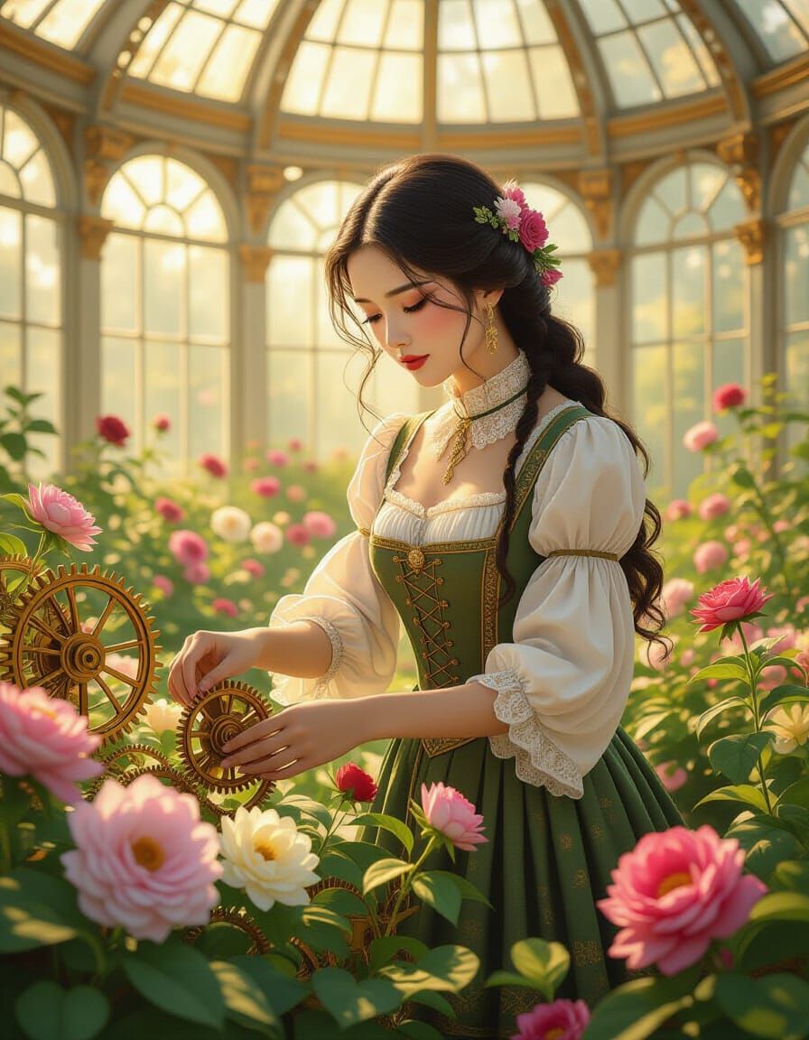 Hmong Woman Tends Clockwork Flowers in Victorian Conservator...