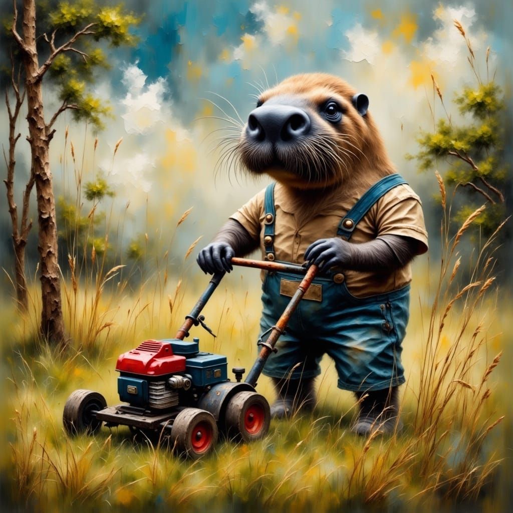 Humanoid Walrus Mowing Lawn in Australia