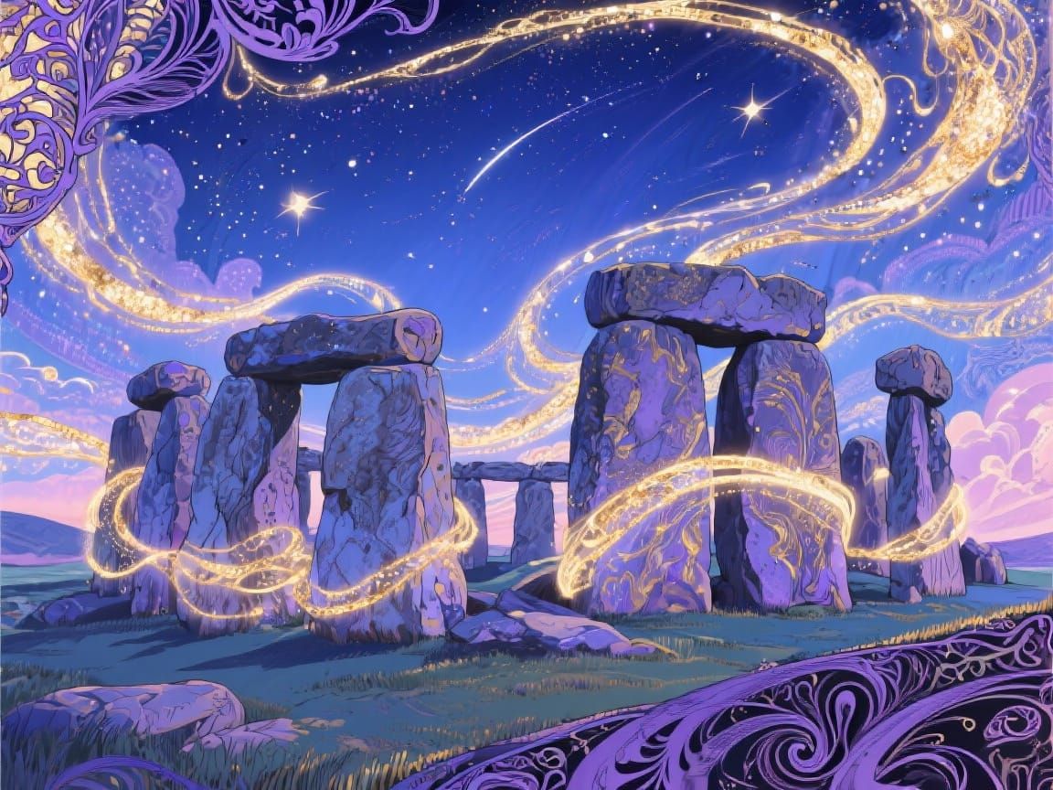 Stonehenge with Magic Strands in Art Nouveau Style
