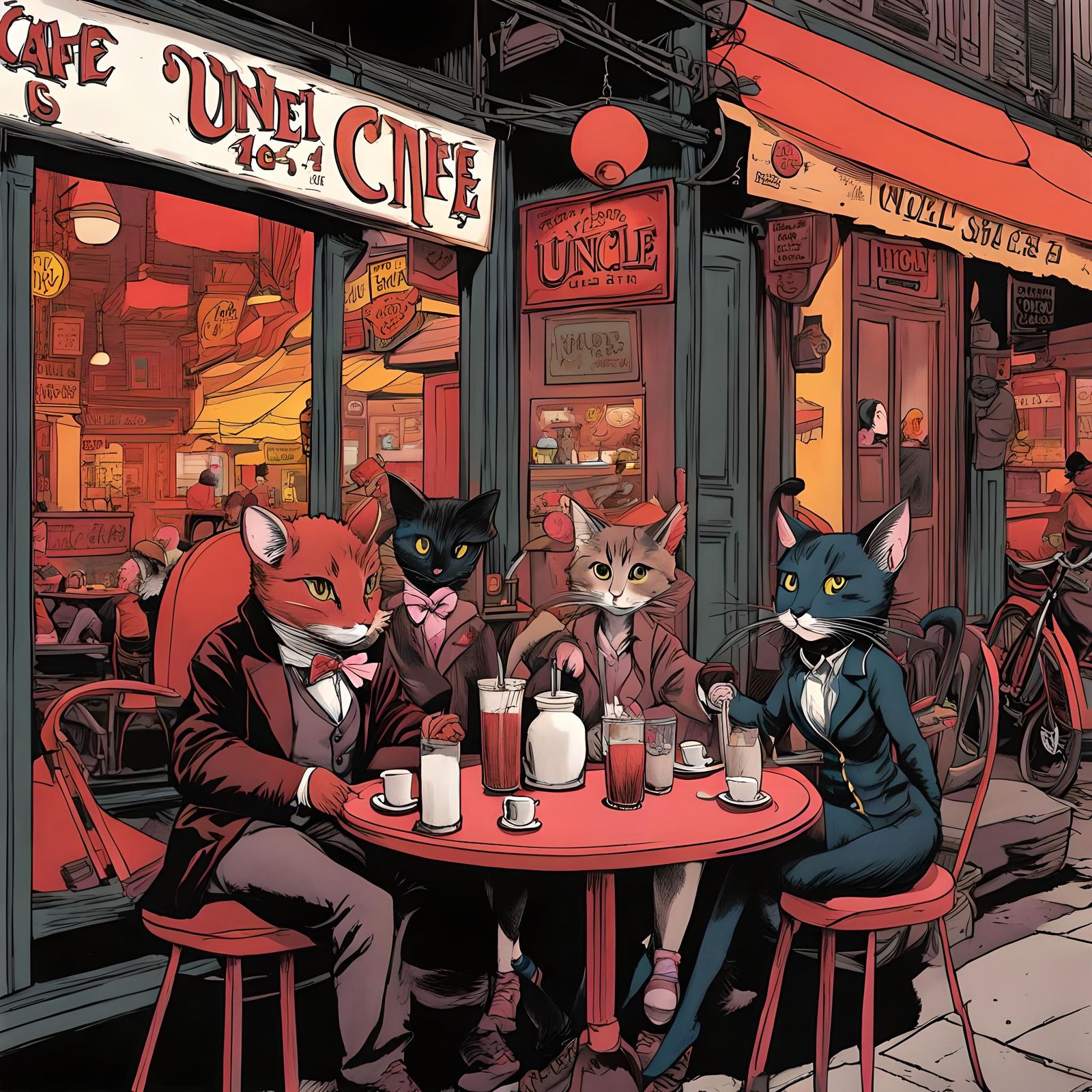 Futuristic Cafe Scene in Fine Lined Ink Style