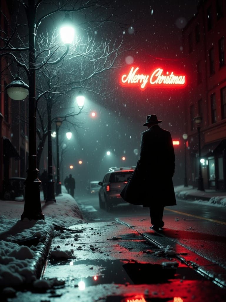 Film Noir Christmas Detective in Snowy City