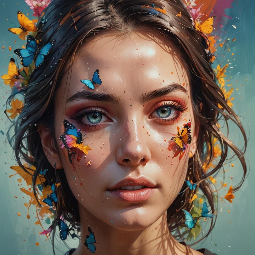 Colorful Butterfly Girl Portrait in Hyperrealistic Style