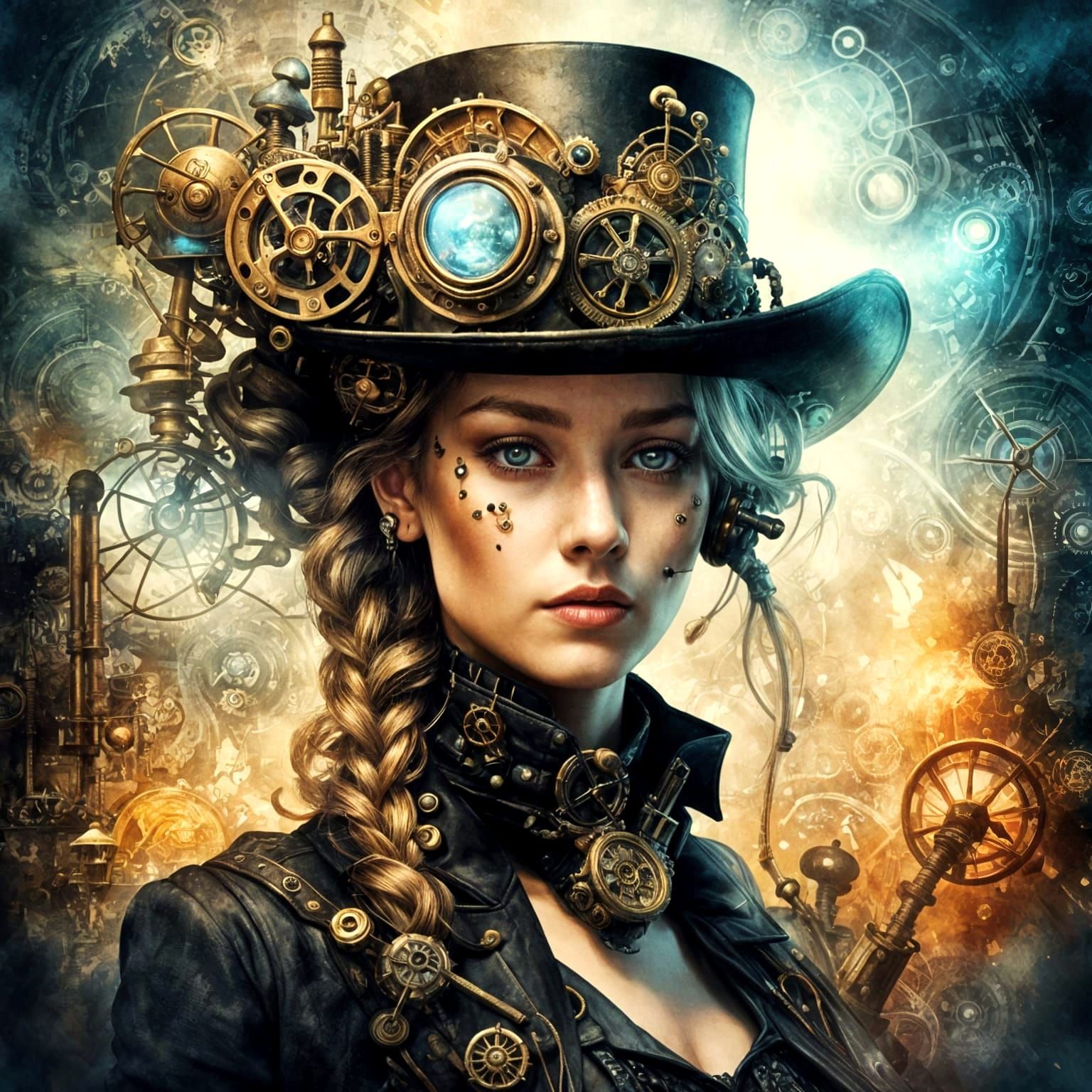 Steampunk Cyber Princess Portrait in Watercolor Style