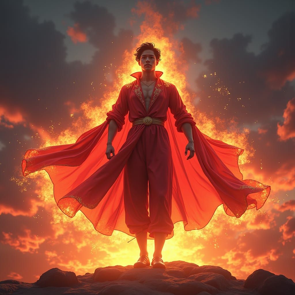 Heroic Manga Character with Golden Aura in Surreal Style