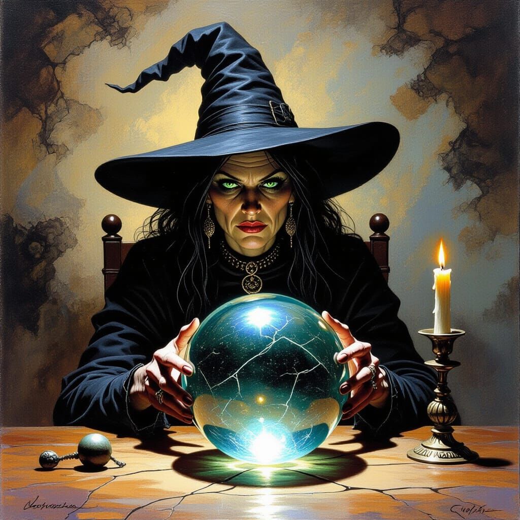 Hyperrealistic Witch with Crystal Ball in Dark Setting
