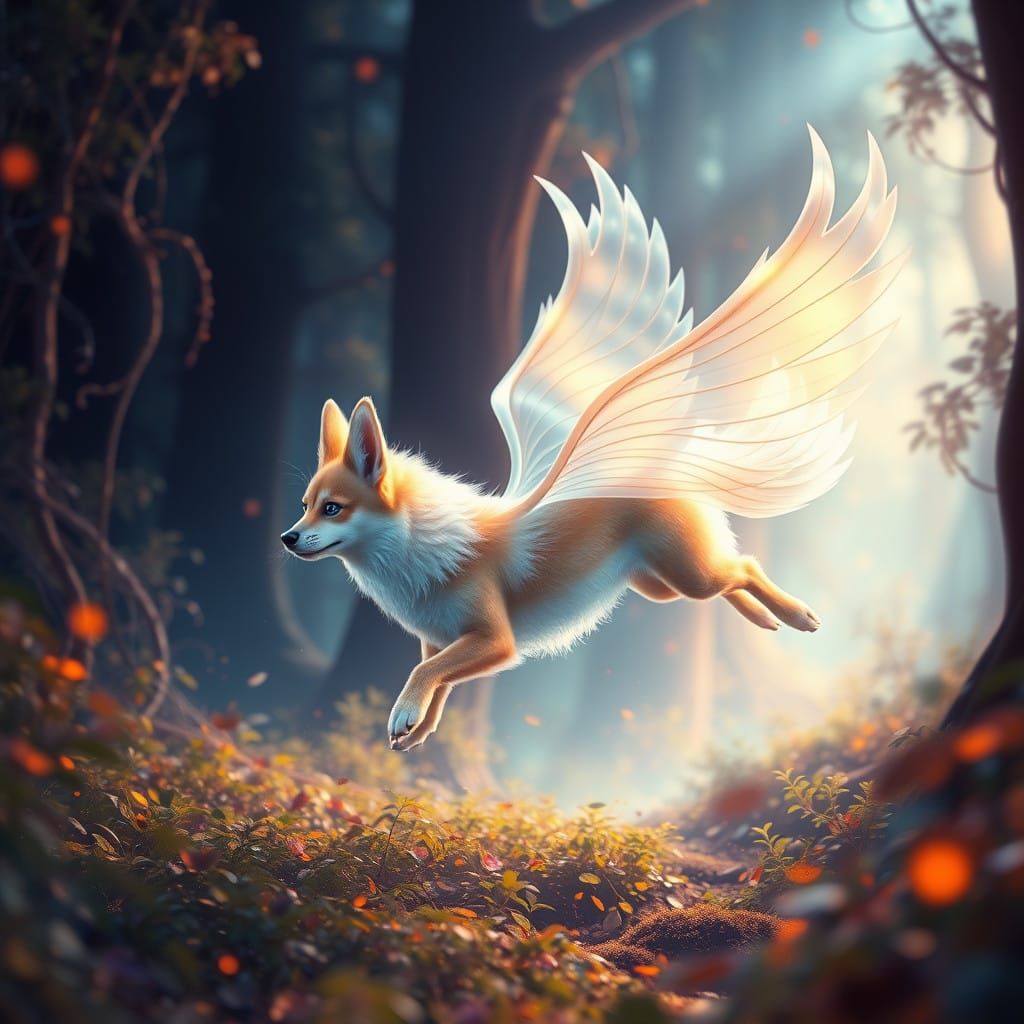 Ethereal Corgei Soars Through Enchanted Forest in Vibrant, D...