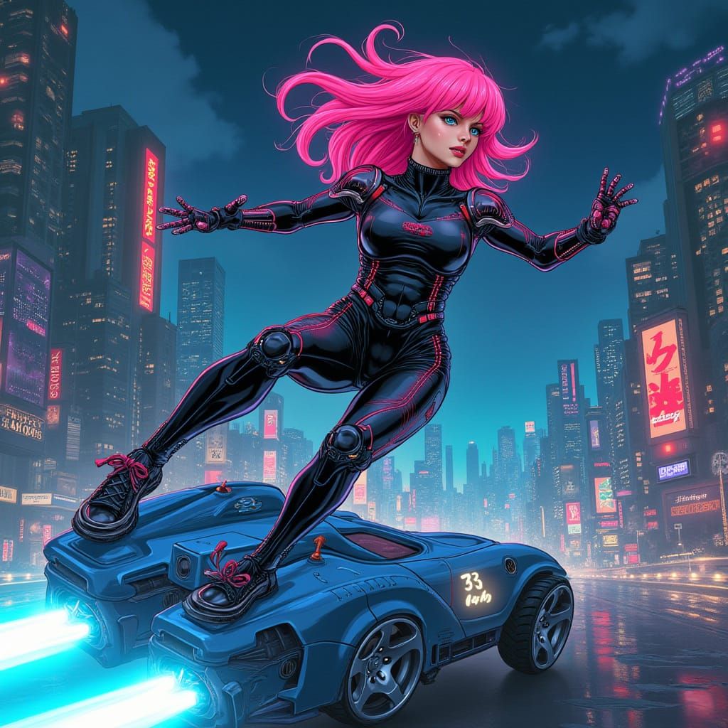 Cyberpunk Goddess Jumps Over Flying Car in Neon City