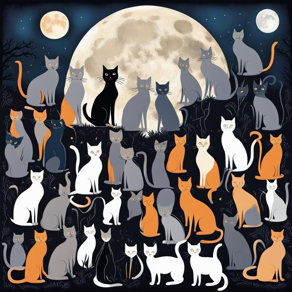 Gathering of cats at full moon